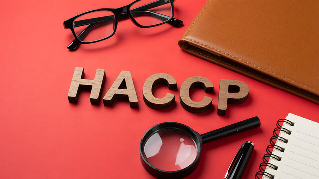HACCP concept with magnifying glass, glasses, and notebook on red background
