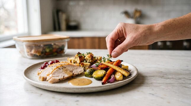 Chef garnishing a plate of roasted turkey breast and vegetables with fresh herbs in a home kitchen.