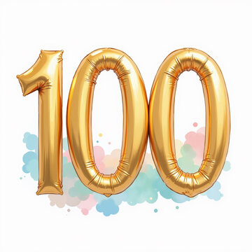 The number 100 is illustrated as shiny gold balloons on a white background with pastel clouds, perfect for a birthday card.
