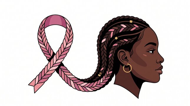 Pink October Awareness Ribbon Formed by an African Braid in the Profile of a Black Woman Symbolizing Breast Cancer Awareness Diversity Empowerment and Women's Health