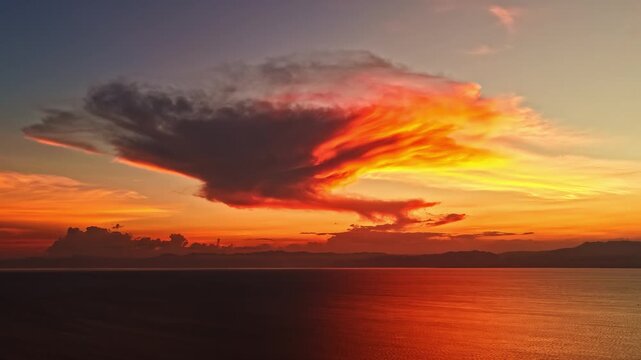 Aerial view of a vibrant sunset casting golden light over the calm ocean waters near Moalboal, Central Visayas, Philippines.