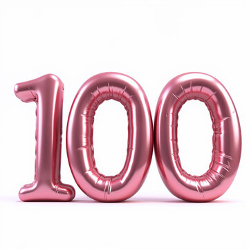 Beautiful shiny pink balloons arranged to create the number 100 on a white background, an illustration for a birthday card.