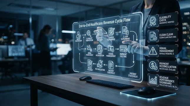 Healthcare revenue cycle professional interacting with holographic RCM healthcare billing workflow interface for enterprise patient financial management and digital medical claims optimization solutio