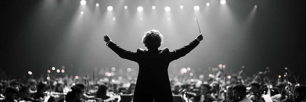 Male conductor leading a symphony orchestra in a dramatic performance.