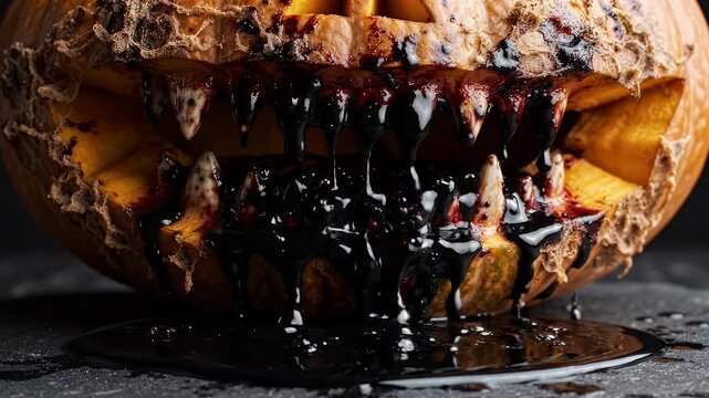 Spooky Halloween jack o lantern carving features a terrifying monstrous face dripping with thick dark mysterious black goo on a black background