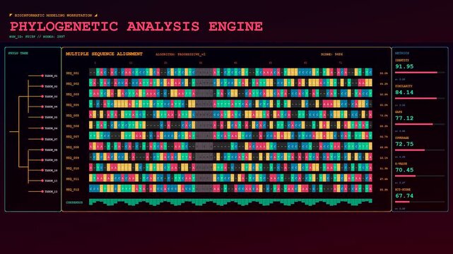 A screen displaying bioinformatic modeling sequences showing genetic variation patterns across three identical windows with glowing neon data graphics in a dark room during laboratory research work