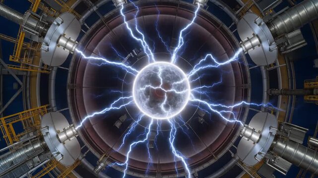 核融合発電炉の巨大な白いプラズマ球から青い電弧が放射する