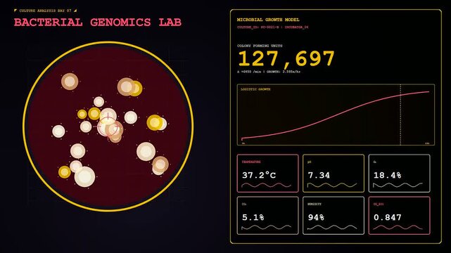 Bioinformatic modeling interface displays active bacterial colony growth across three stages of petri dish cultivation shown in a dark laboratory setting for scientific observation analysis