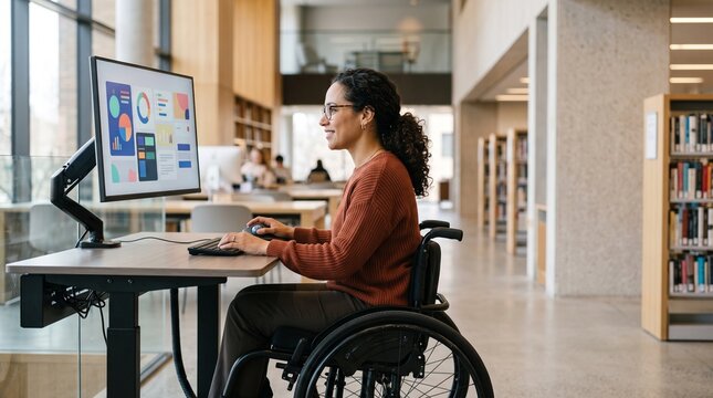 Woman in wheelchair working on a desktop computer at a library desk among bookshelves.