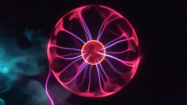 黒い宇宙で赤いエネルギー核を桃紫の原子軌道と青い雲が包む