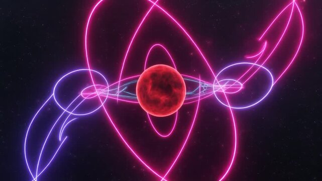 暗い宇宙で赤いエネルギー核を桃紫の原子軌道と青い雲が囲む