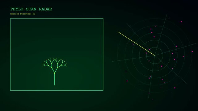 Bioinformatic modeling displays evolving fractal patterns on a digital screen interface as glowing green nodes multiply within a structured grid to visualize biological data science