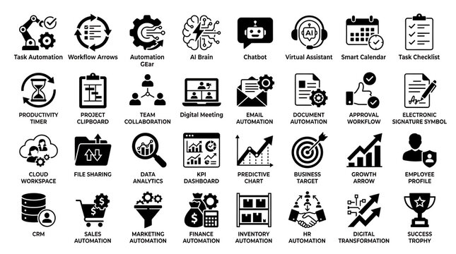 Business process icons illustrating cloud workspace and file sharing elements in a clean graphic style.