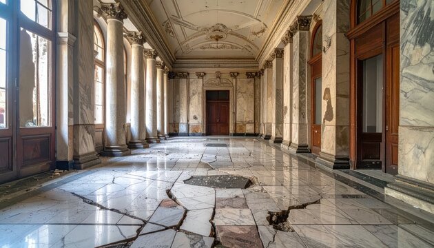 Grand Ballroom Hallway with Cracked Marble Floor and Classical Columns in Abandoned Building