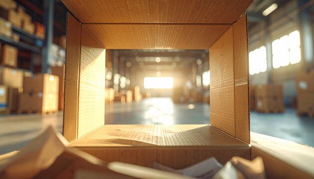 A firstperson perspective from inside an open cardboard box in a sunlit warehouse, showing nobody. This evocative image symbolizes logistics, shipping, opportunity, and new beginnings.