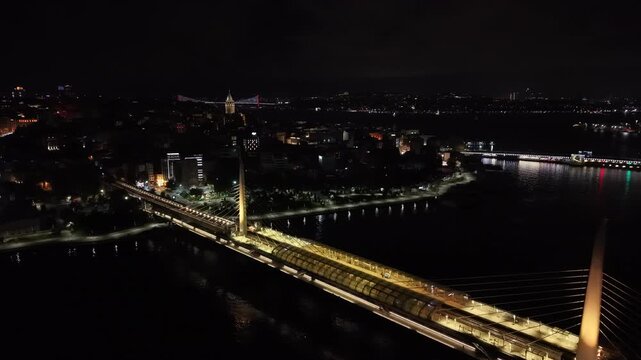 Istanbul Night Aerial View of Galata Tower Beyoglu Golden Horn and Bosphorus