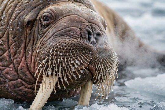 Close up portrait of a walrus Odobenus rosmarus resting on sea ice, exhaling vapor in the cold arctic environment, showing prominent tusks and wet whiskers
