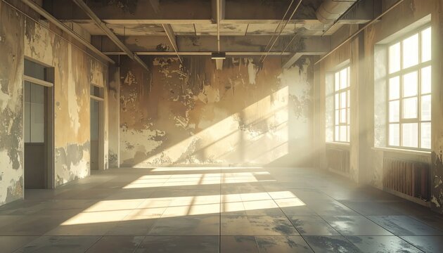 Empty, sunlit industrial loft with peeling paint and dust motes dancing in light beams.