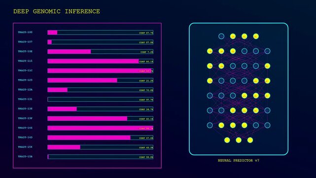Bioinformatic modeling displays dynamic digital data arrays featuring multiple glowing neon nodes linked by illuminated paths across three separate interactive panels in a dark laboratory setting
