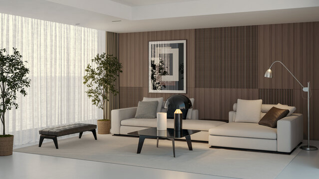 3D render, illustration Large Luxury modern living room interior,  brutalist architecture realistic lighting,  Graphic Overlay wide angle, contemporary furniture, clean lines, minimalist decor, elegan