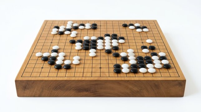 Go Board Game with Black and White Stones Isolated on White Background