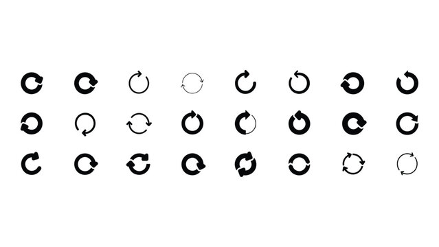 Circular Arrows Collection: A comprehensive collection of circular arrow icons, symbolizing refresh, reload, repeat, and continuous processes, presented in a clean, organized grid.
