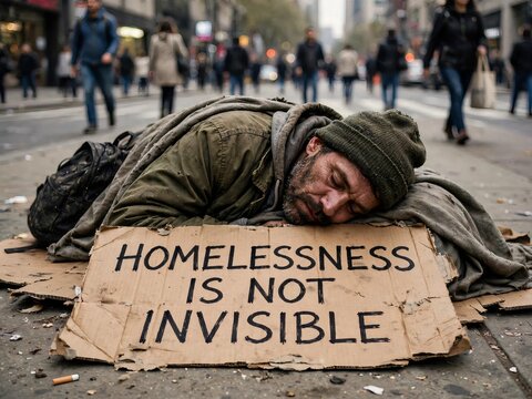 A homeless man sleeping on the sidewalk with a cardboard sign reading Homelessness Is Not Invisible while blurred pedestrians walk past on a busy urban city street