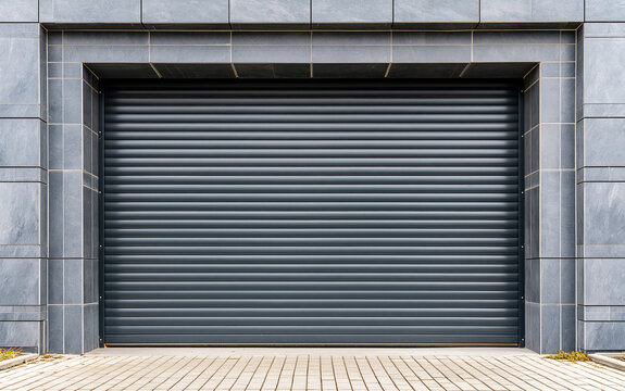 Modern dark grey roller shutter door on building facade