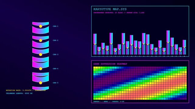 Three panels displaying bioinformatic modeling of genetic sequences with shifting bar charts and digital chromosome diagrams in a dark neon aesthetic for scientific research motion graphics