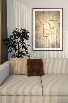 3D render, illustration Large Luxury modern living room interior,  brutalist architecture realistic lighting,  Graphic Overlay wide angle, contemporary furniture, clean lines, minimalist decor, elegan