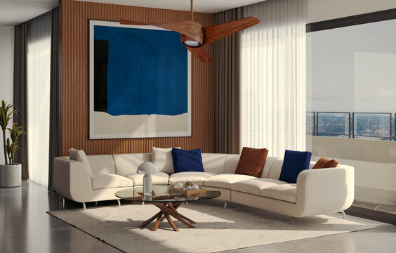 3D render, illustration Large Luxury modern living room interior,  brutalist architecture realistic lighting,  Graphic Overlay wide angle, contemporary furniture, clean lines, minimalist decor, elegan