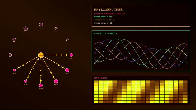 Digital bioinformatic modeling progress shown through evolving radial tree diagrams and oscillating wave charts in a dark computational interface display with shifting glowing yellow pixel patterns