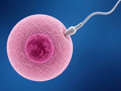 Conceptual Illustration of Sperm Approaching a Human Egg Cell