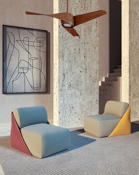 3D render, illustration Large Luxury modern living room interior,  brutalist architecture realistic lighting,  Graphic Overlay wide angle, contemporary furniture, clean lines, minimalist decor, elegan