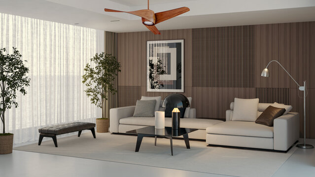 3D render, illustration Large Luxury modern living room interior,  brutalist architecture realistic lighting,  Graphic Overlay wide angle, contemporary furniture, clean lines, minimalist decor, elegan