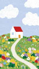 Naklejka premium Charming cottage in colorful floral landscape wallpaper.