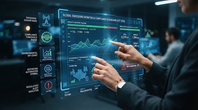 Environmental data analyst interacting with holographic environmental monitoring compliance dashboard interface for enterprise real-time emissions tracking and digital sustainability regulatory manage