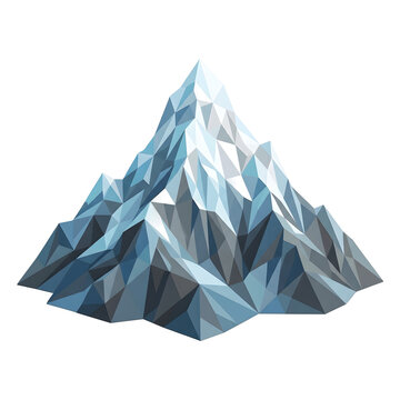 Low poly mountain peak illustration, geometric snowy mountain range, blue and grey polygonal alpine summit for outdoor branding isolated on White Background