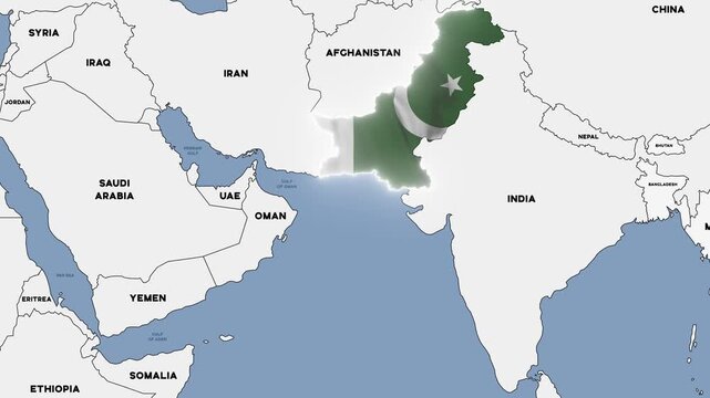 4K animation of a map of Asia with Pakistan highlighted in the colors of the Pakistani national flag.