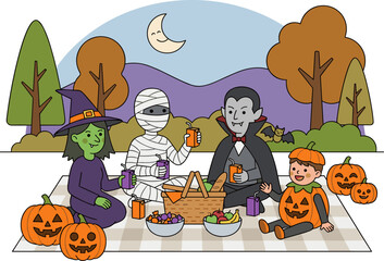 Fototapeta premium Halloween characters picnic in park with pumpkins, moon, and trees, flat design vector illustration