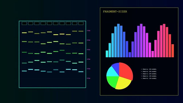 A digital bioinformatic modeling interface displaying genetic sequencing patterns and circular statistics on a dark monitor screen during a clinical analysis of molecular genomic data sets