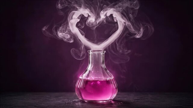 Pink potion releasing heart shaped smoke from a glass bottle