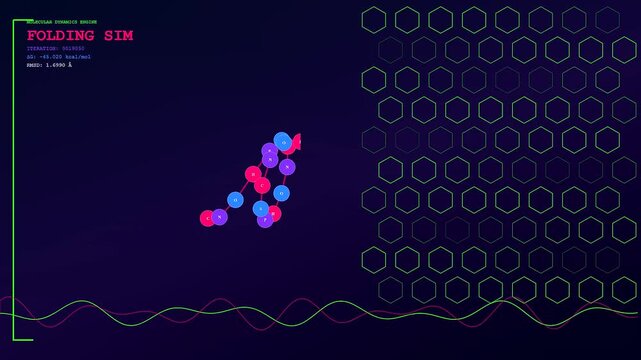 Molecular structures evolve via bioinformatic modeling as dynamic nodes shift across a deep purple display panel showing iterative sequence changes in a digital laboratory simulation environment
