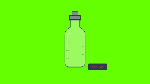 Reusable plastic water bottle icon with five hundred milliliters indicator label on chroma key green background