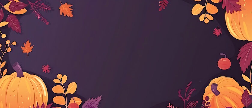 Flat Vector Autumn Thanksgiving Banner of Pumpkins and Leaves on Dark Purple Background with Center Copy Space for Event Flyer