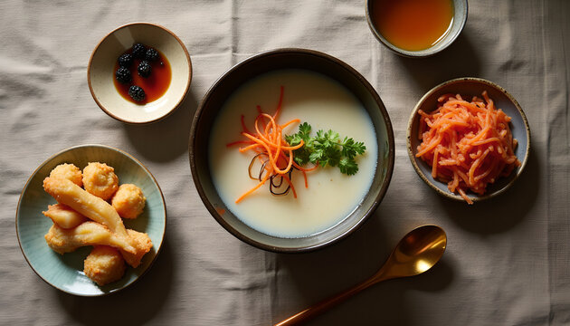 Overhead view of a balanced meal with creamy soup, snacks, and f