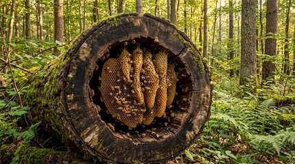 Fototapeta premium Beehive in a hollowed log surrounded by lush forest vegetation