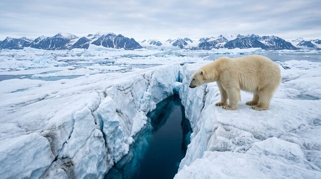 Impressive polar bear perched on an iceberg beside serene glacial waters