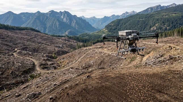 Drone surveying deforested mountain landscape with new growth