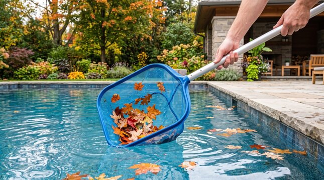 Individual using a leaf net to clean a swimming pool in a fall garden